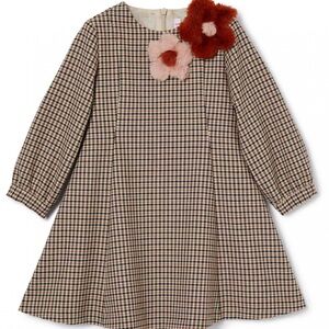 Il Gufo Houndstooth Flower Dress With Matching Flower Hair Tie